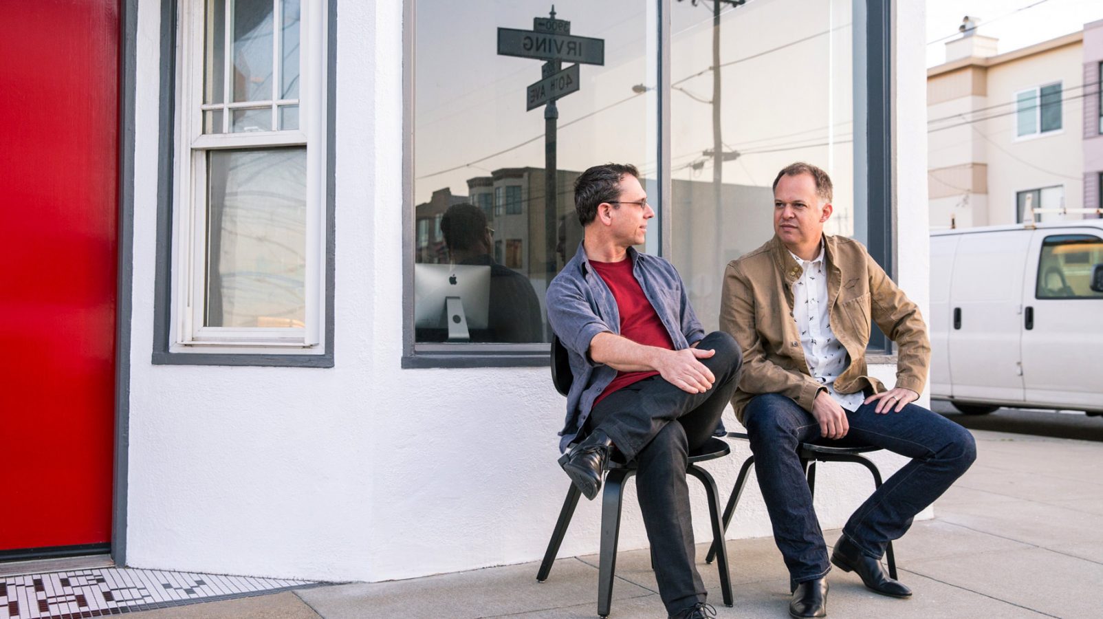 Photo of BigMouth partners Todd Spina and Mike Yoffie in front of the office in San Francisco's Outerlands