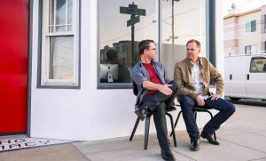 Photo of BigMouth partners Todd Spina and Mike Yoffie in front of the office in San Francisco's Outerlands